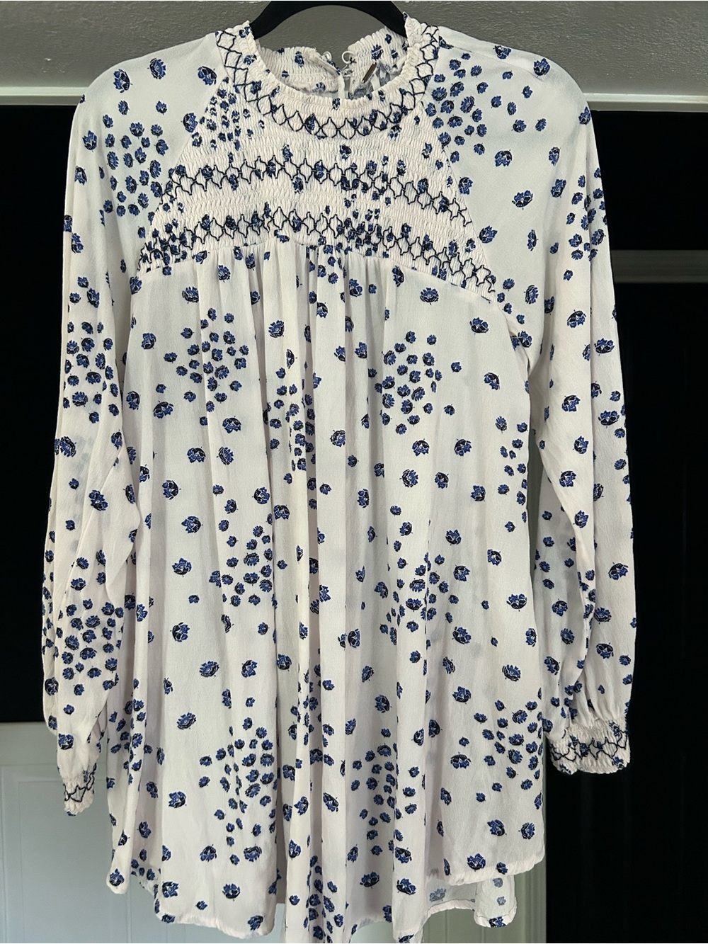 Free People White Blouse with Blue Floral Smocking